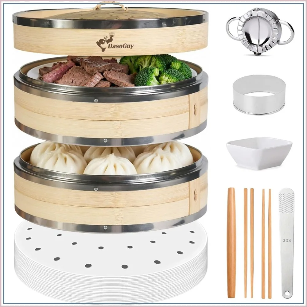 Bamboo Steamer Basket 10-Inch 2-Tier, Stainless Steel Rim, 50 Liners & Chopsticks, Sauce Dish, Dumpling Makers, Steaming Asian Food Bao Buns Dim Sum Rice Veggies
Bamboo Steamer Basket 10-Inch 2-Tier, Stainless Steel Rim, 50 Liners & Chopsticks, Sauce Dish, Dumpling Makers, Steaming Asian Food Bao Buns Dim Sum Rice Veggies