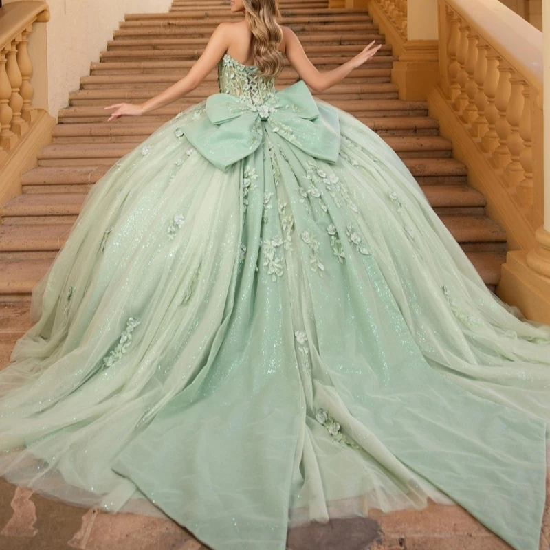 Green Shiny Ball Gown Quinceanera Dresses Applique Flower Bow Beading Crystal Tull Corset Off Shoulder Sweet 16 Dress vestidos
Green Shiny Ball Gown Quinceanera Dresses Applique Flower Bow Beading Crystal Tull Corset Off Shoulder Sweet 16 Dress vestidos