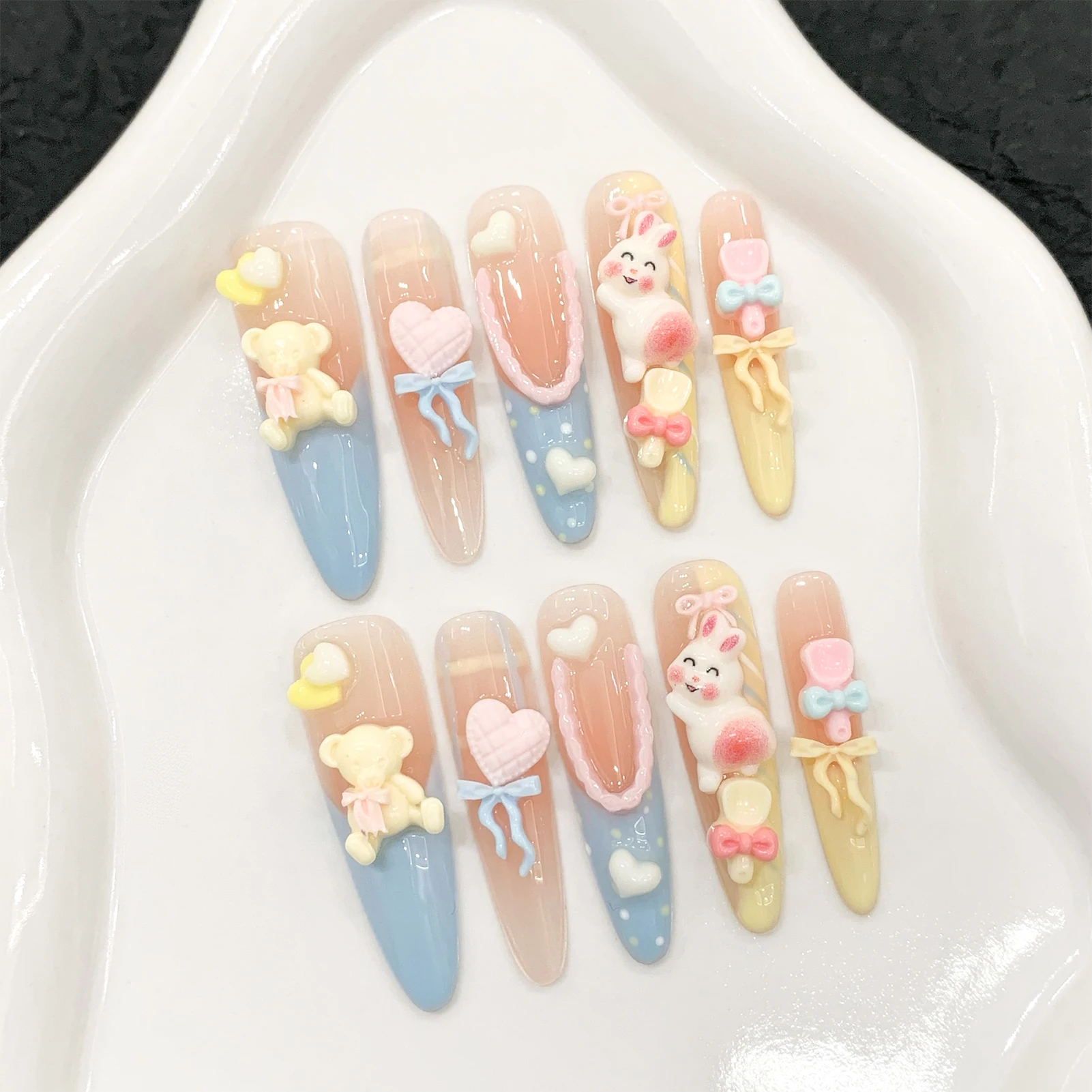 10pcs Cute Cartoon Bear Rabbit Press On Nails Macaron Blue Yellow French Style Handmade False Nails Sweet Blush Long Almond Nail
10pcs Cute Cartoon Bear Rabbit Press On Nails Macaron Blue Yellow French Style Handmade False Nails Sweet Blush Long Almond Nail