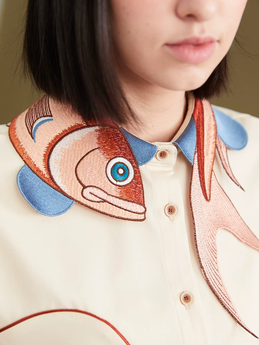 96-104cm Bust Spring Autumn Original Design Women Vintage All-match Lucky Koi Fish Embroidered Short Sleeves Shirts/Blouses 
96-104cm Bust Spring Autumn Original Design Women Vintage All-match Lucky Koi Fish Embroidered Short Sleeves Shirts/Blouses