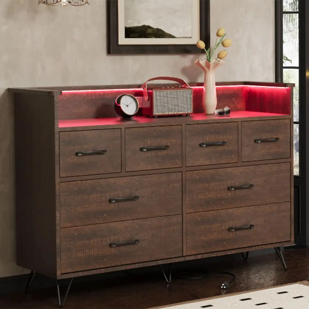 Dresser for Bedroom with LED Light amp Charging Station, 8 Drawers Wooden Dressers with Open Space, Vintage Chest of Wide Drawe
Dresser for Bedroom with LED Light amp Charging Station, 8 Drawers Wooden Dressers with Open Space, Vintage Chest of Wide Drawe