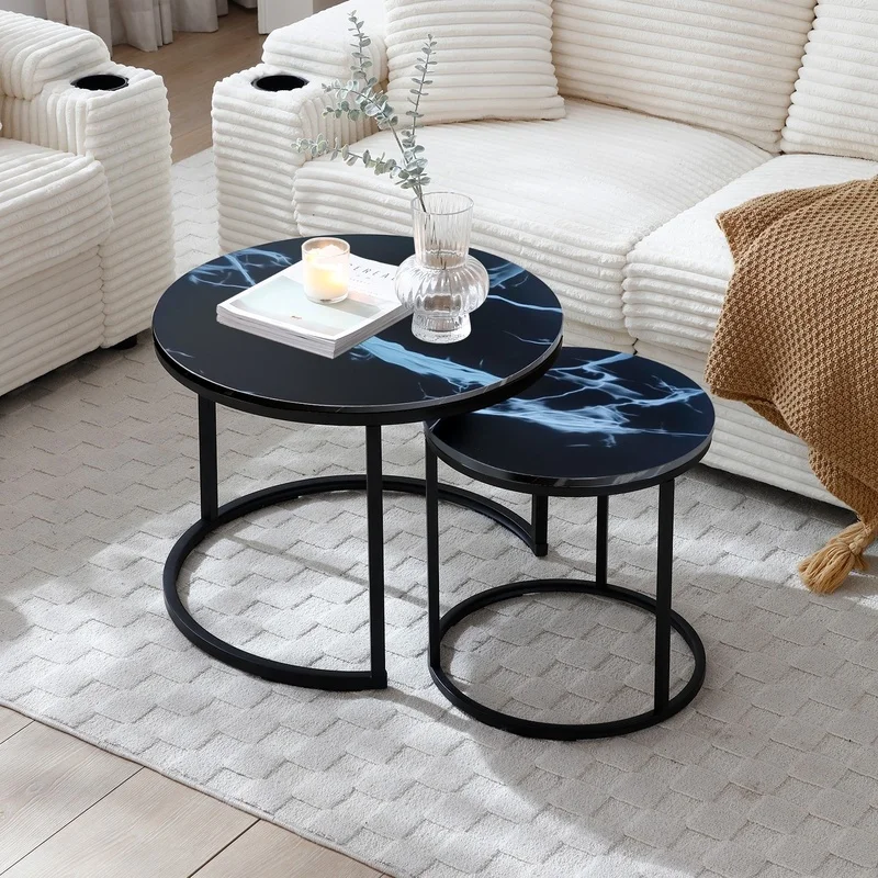 Black Round Coffee Table with Marble Pattern Wooden Top and Black Frame, Modern Industrial Nesting Table for Living Room Bedroom Apartment
Black Round Coffee Table with Marble Pattern Wooden Top and Black Frame, Modern Industrial Nesting Table for Living Room Bedroom Apartment