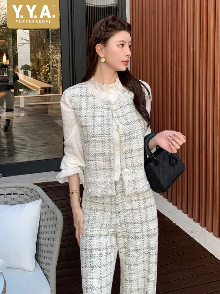 Spring Work Ladies Plaid Vest Outfits Elegant Lace Flower Single Breasted Sleeveless Coat Two Piece Set Straight Long Pant Sets
Spring Work Ladies Plaid Vest Outfits Elegant Lace Flower Single Breasted Sleeveless Coat Two Piece Set Straight Long Pant Sets