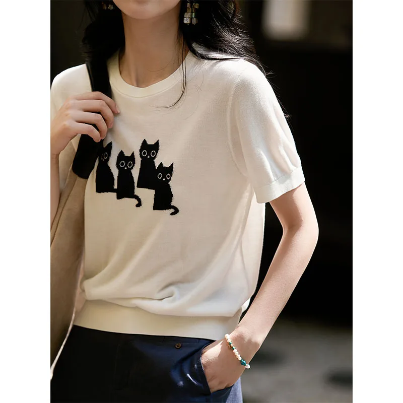 Summer New Chic Cartoon Jacquard Casual Short Sleeve T-Shirt Women Clothing Vintage Loose O-neck Soft Thin Knitted Tops
Summer New Chic Cartoon Jacquard Casual Short Sleeve T-Shirt Women Clothing Vintage Loose O-neck Soft Thin Knitted Tops