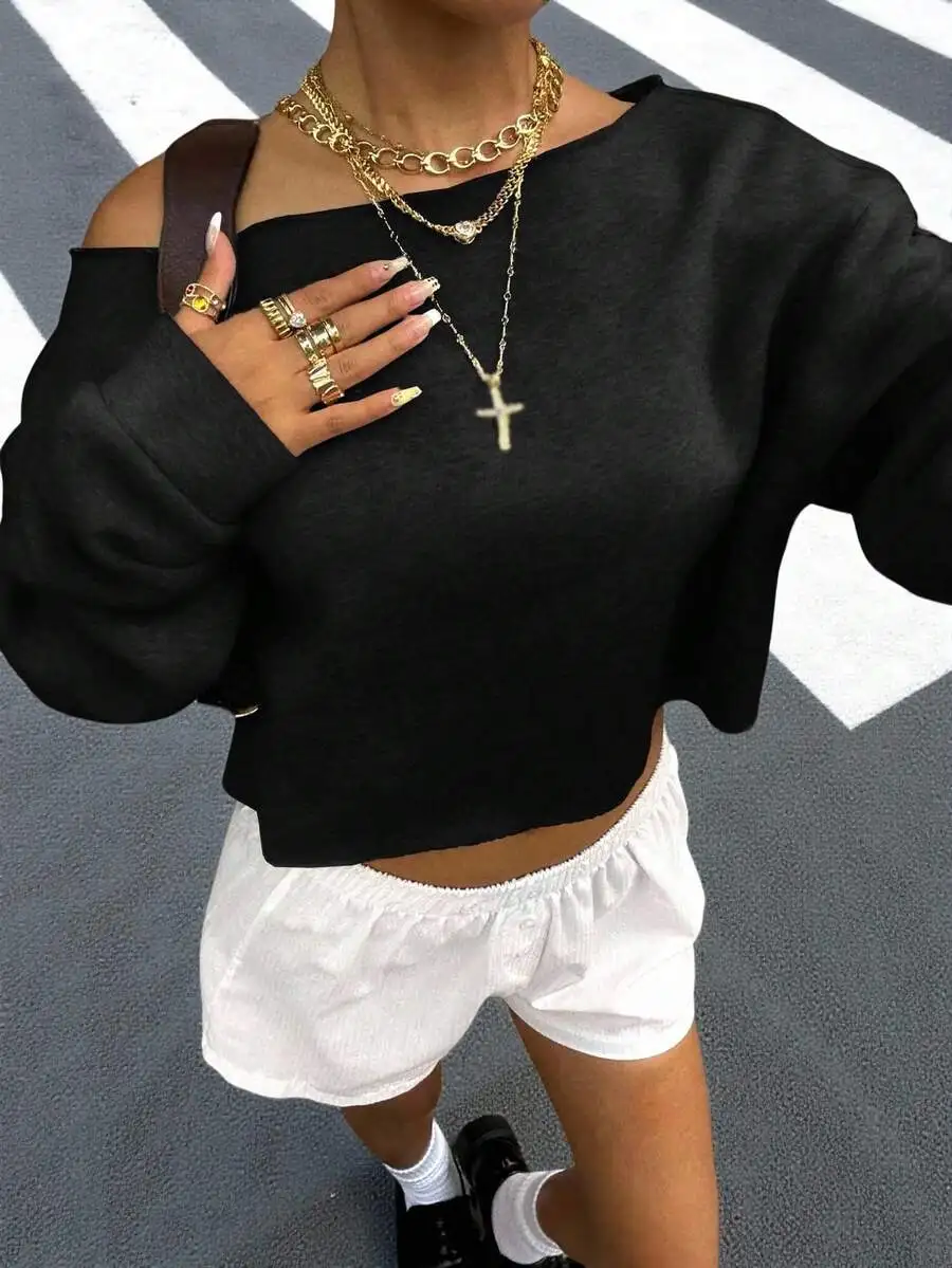 Женская укороченная толстовка с открытыми плечами, свободный крой, с длинными рукавами, для повседневной уличной одежды, осень-зима
Женская укороченная толстовка с открытыми плечами, свободный крой, с длинными рукавами, для повседневной уличной одежды, осень-зима