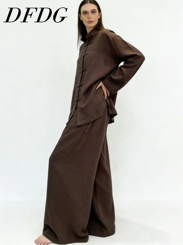 DFDG Women 2026 Spring Linen Two Piece Set Mandarin Collar Frog Button Top High Waist Wide Leg Pants Set Chinese Style Set
DFDG Women 2026 Spring Linen Two Piece Set Mandarin Collar Frog Button Top High Waist Wide Leg Pants Set Chinese Style Set