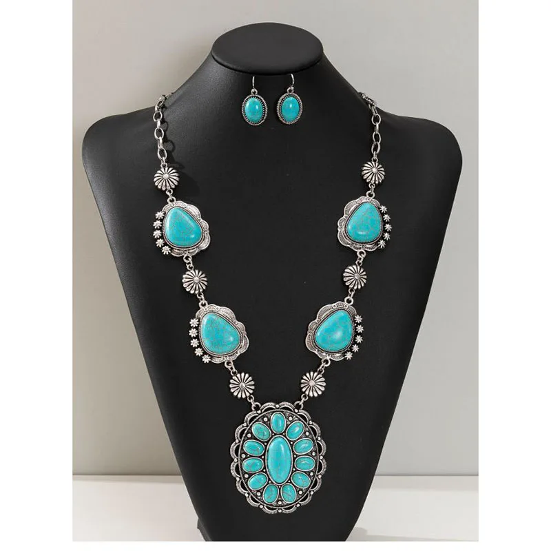 Women's Western Jewelry Set silver Plated Turquoise Concho Cowgirl Necklace Geometric Pattern Boho Earrings Alloy
Women's Western Jewelry Set silver Plated Turquoise Concho Cowgirl Necklace Geometric Pattern Boho Earrings Alloy