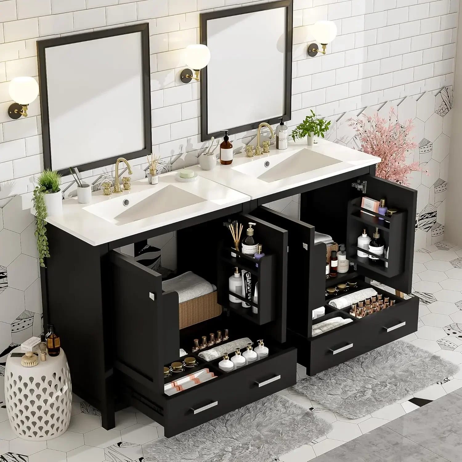 60" Double Sink Bathroom Vanity Solid Wood Cabinet Storage Drawers Racks Black, Customized
60" Double Sink Bathroom Vanity Solid Wood Cabinet Storage Drawers Racks Black, Customized
