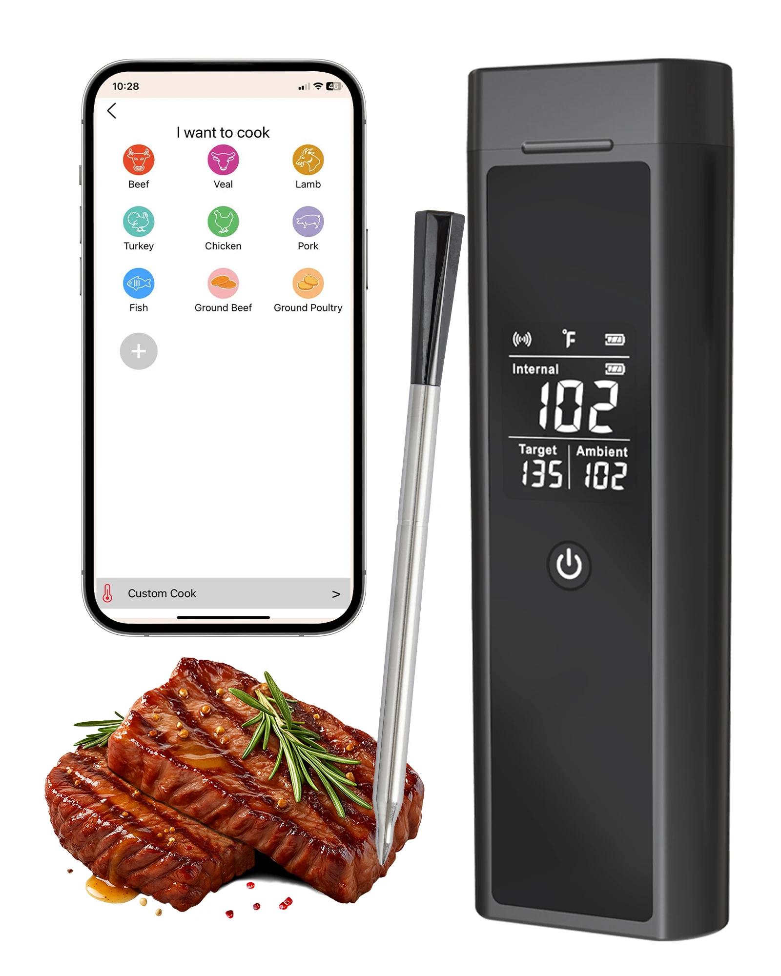 Wireless Meat Thermometer with Bluetooth, Probe BBQ Thermometer for Grill Smoker Oven, 820 ft Remote Range, IP67 Waterproof, App Control, Fast Charging
Wireless Meat Thermometer with Bluetooth, Probe BBQ Thermometer for Grill Smoker Oven, 820 ft Remote Range, IP67 Waterproof, App Control, Fast Charging