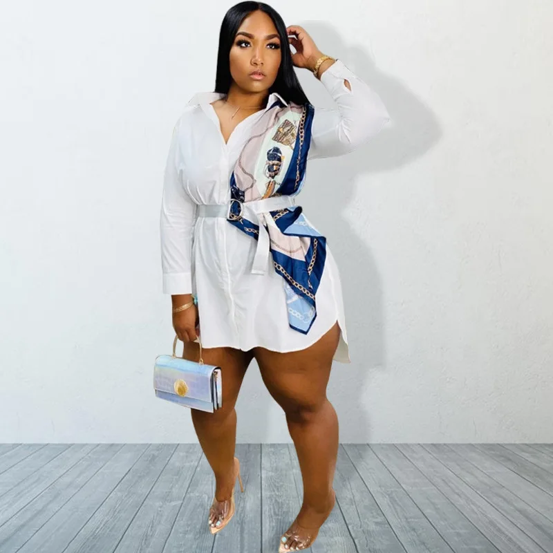 M3047 Plus Size Women White Shirt Dress Long Sleeve Button Down Belted Dress with Contrast Scarf Print Detail
M3047 Plus Size Women White Shirt Dress Long Sleeve Button Down Belted Dress with Contrast Scarf Print Detail