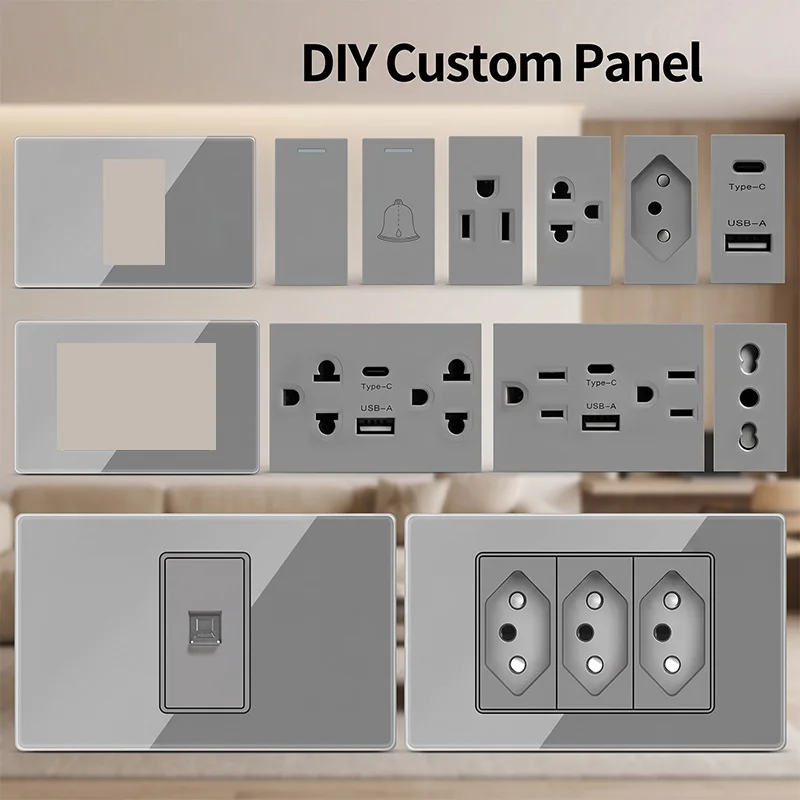 118 Type DIY Modular Wall Plate 2x4 inch with Tempered Glass – NEMA 5-15R Duplex Outlet & US/EU/Italy/Chile Socket Modules Combo
118 Type DIY Modular Wall Plate 2x4 inch with Tempered Glass – NEMA 5-15R Duplex Outlet & US/EU/Italy/Chile Socket Modules Combo