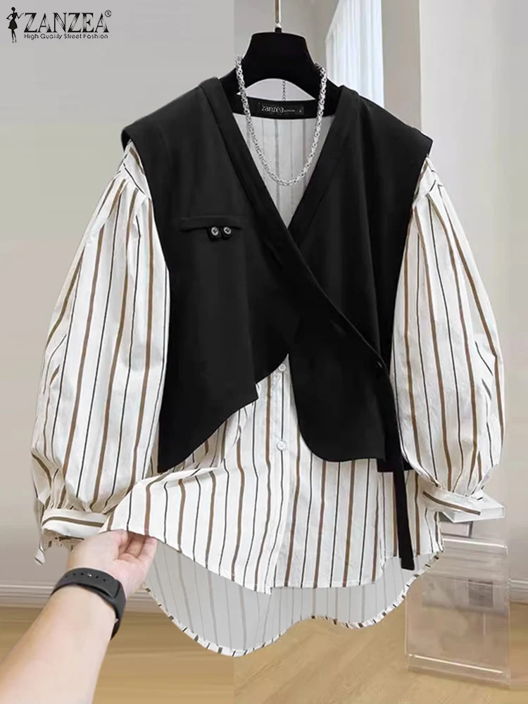 ZANZEA 2025 Spring Women Shirts Color-Blocked Patchwork Streetwear Long Sleeve Fake Two-Piece Tunic Tops Striped V Neck Chemise
ZANZEA 2025 Spring Women Shirts Color-Blocked Patchwork Streetwear Long Sleeve Fake Two-Piece Tunic Tops Striped V Neck Chemise
