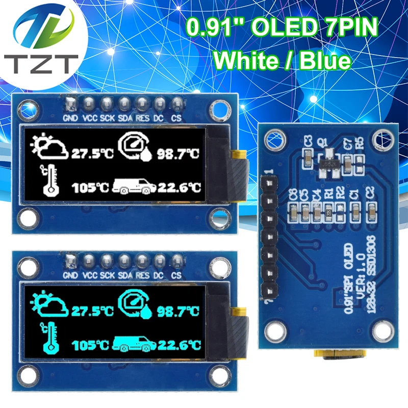 SSD1306 7PIN TZT 0,91 дюйма 128x32 SPI OLED-модуль 0,91 "OLED-дисплей модуль белый синий OLED-экранная плата для Arduino
SSD1306 7PIN TZT 0,91 дюйма 128x32 SPI OLED-модуль 0,91 "OLED-дисплей модуль белый синий OLED-экранная плата для Arduino