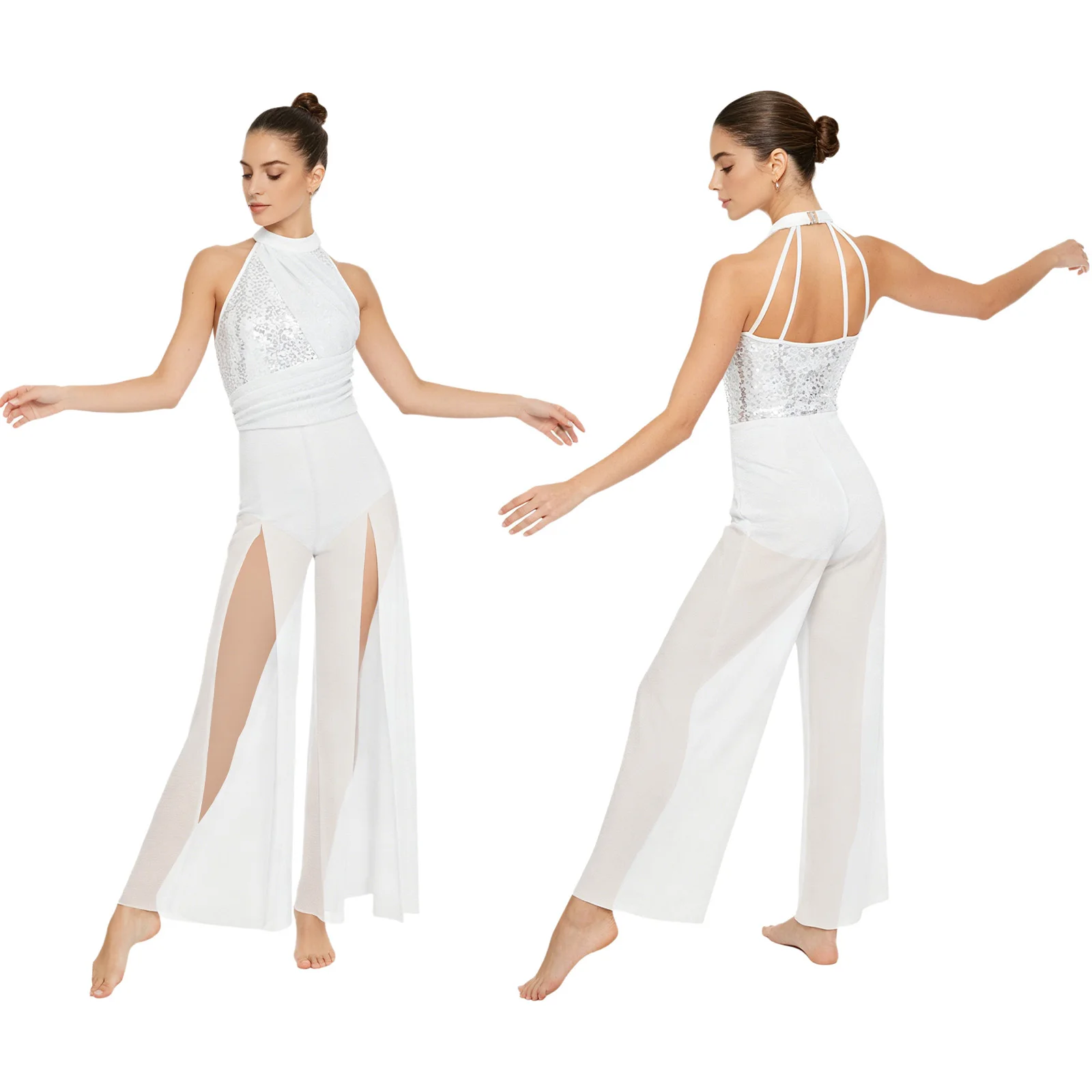 Womens Lyrical Modern Dance Jumpsuit Halter Sequin Top Mesh Split Wide-leg Bodysuit Romper for Acro Dance Talent Showcase Event
Womens Lyrical Modern Dance Jumpsuit Halter Sequin Top Mesh Split Wide-leg Bodysuit Romper for Acro Dance Talent Showcase Event
