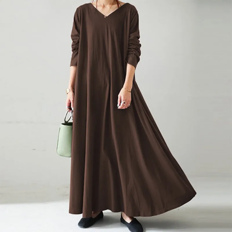 Women's long-sleeved V-neck solid color dress, fashion, pocket, plus size, autumn, new cotton casual dress.
Women's long-sleeved V-neck solid color dress, fashion, pocket, plus size, autumn, new cotton casual dress.