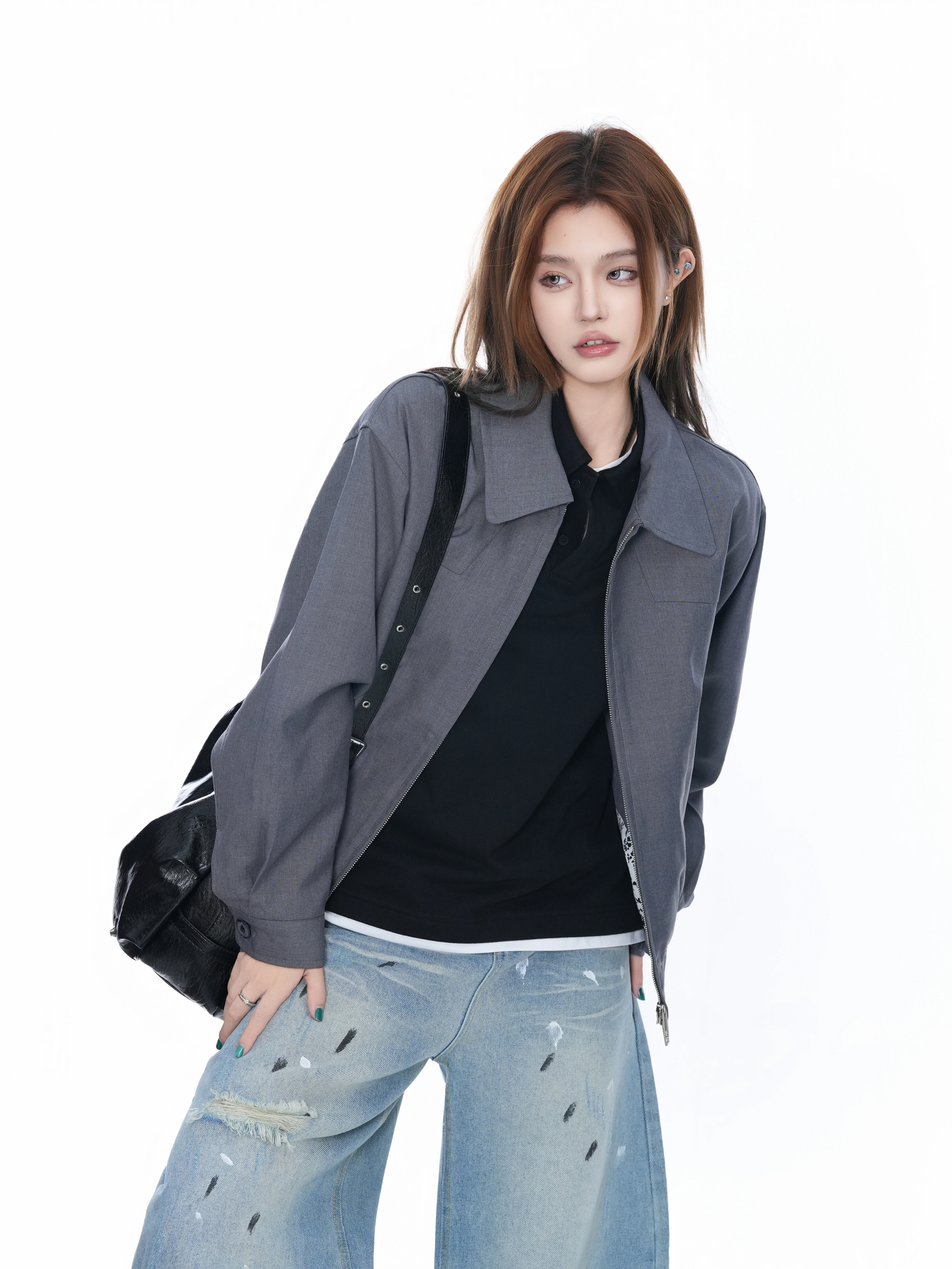 American Retro Grey Double Zipper Loose Women's Jacket Casual Collar Outerwear Trendy Commute Style Polyester Fiber
American Retro Grey Double Zipper Loose Women's Jacket Casual Collar Outerwear Trendy Commute Style Polyester Fiber