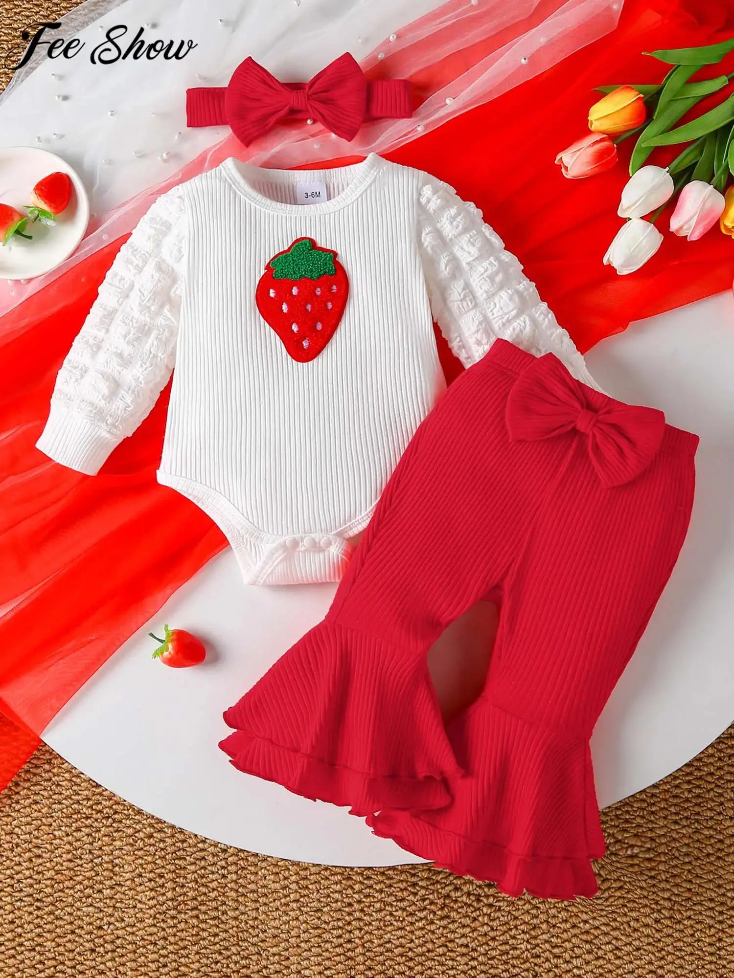 0-18M Baby Girls Christmas Birthday Party Outfit Long Sleeve Sweet Cute Strawberry Ribbed Romper with Flare Pants Bow Headband
0-18M Baby Girls Christmas Birthday Party Outfit Long Sleeve Sweet Cute Strawberry Ribbed Romper with Flare Pants Bow Headband