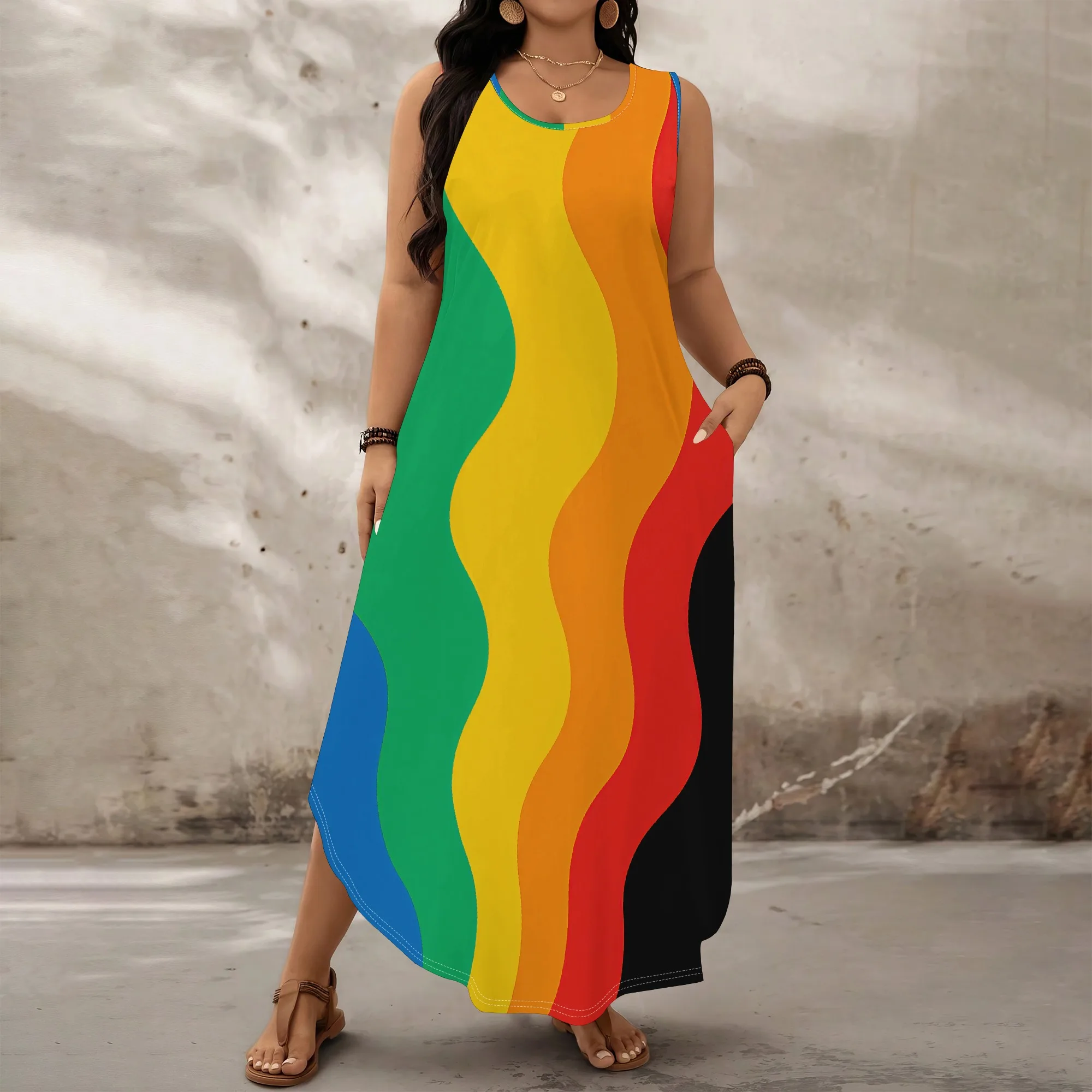Plus Size Rainbow Wavy Print Maxi Dress XL-6XL Sleeveless Color Block Style for Pride Month, Beach or Summer Vibe
Plus Size Rainbow Wavy Print Maxi Dress XL-6XL Sleeveless Color Block Style for Pride Month, Beach or Summer Vibe