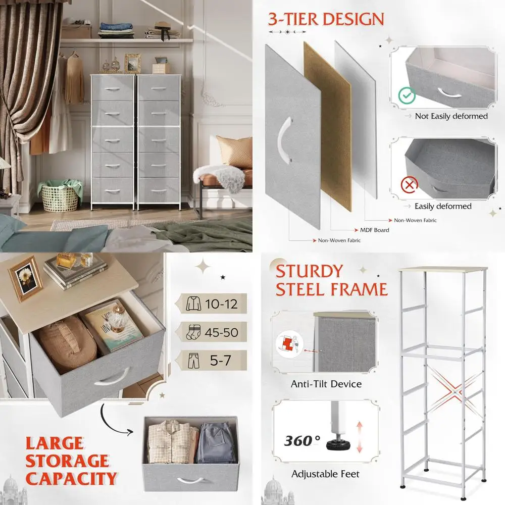 Светло-серый тканевый комод с 5 ящиками, деревянной столешницей и стальным каркасом для хранения в спальне
Светло-серый тканевый комод с 5 ящиками, деревянной столешницей и стальным каркасом для хранения в спальне