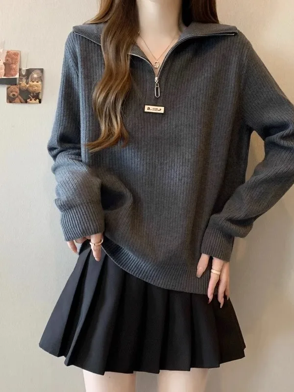 Gray Knitted Sweater with Half Zipper And Collar for Women Spring New Style plus Size Base Shirt European Top Loose Fit Long ...
Gray Knitted Sweater with Half Zipper And Collar for Women Spring New Style plus Size Base Shirt European Top Loose Fit Long ...