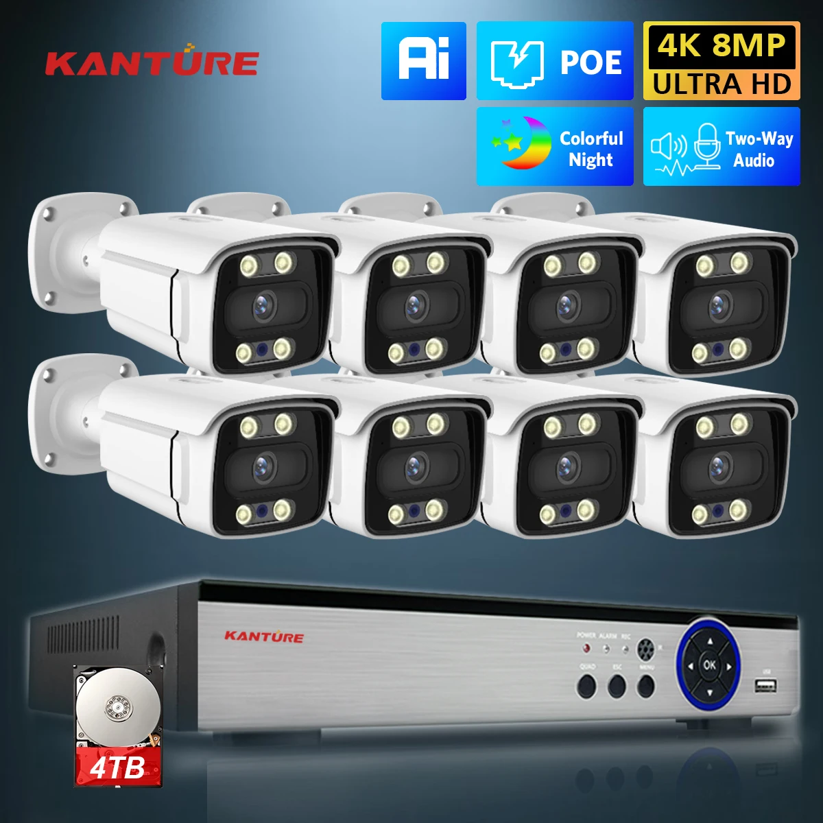 8CH 4K CCTV POE NVR 8MP AI Human Detect Color Night Vision Two-Way Audio Outdoor Security Camera System Video Surveillance Kit
8CH 4K CCTV POE NVR 8MP AI Human Detect Color Night Vision Two-Way Audio Outdoor Security Camera System Video Surveillance Kit