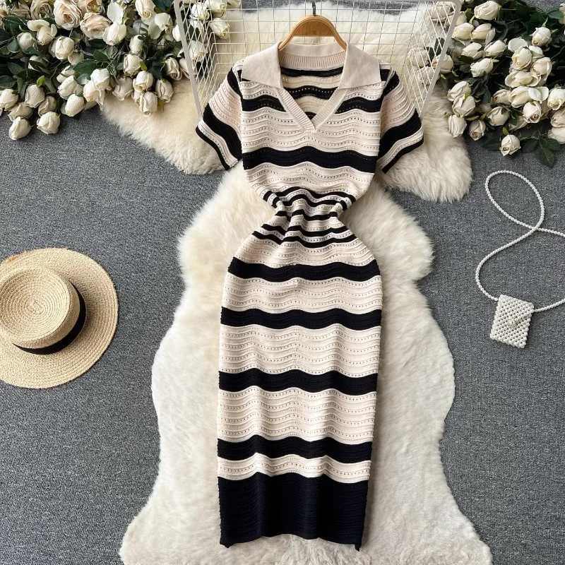 Women's Summer Fashion Temperament Versatile Polo Neck Stripe Contrast Hollow Short Sleeve Knitted Wrap Hip Mid Length Dress
Women's Summer Fashion Temperament Versatile Polo Neck Stripe Contrast Hollow Short Sleeve Knitted Wrap Hip Mid Length Dress