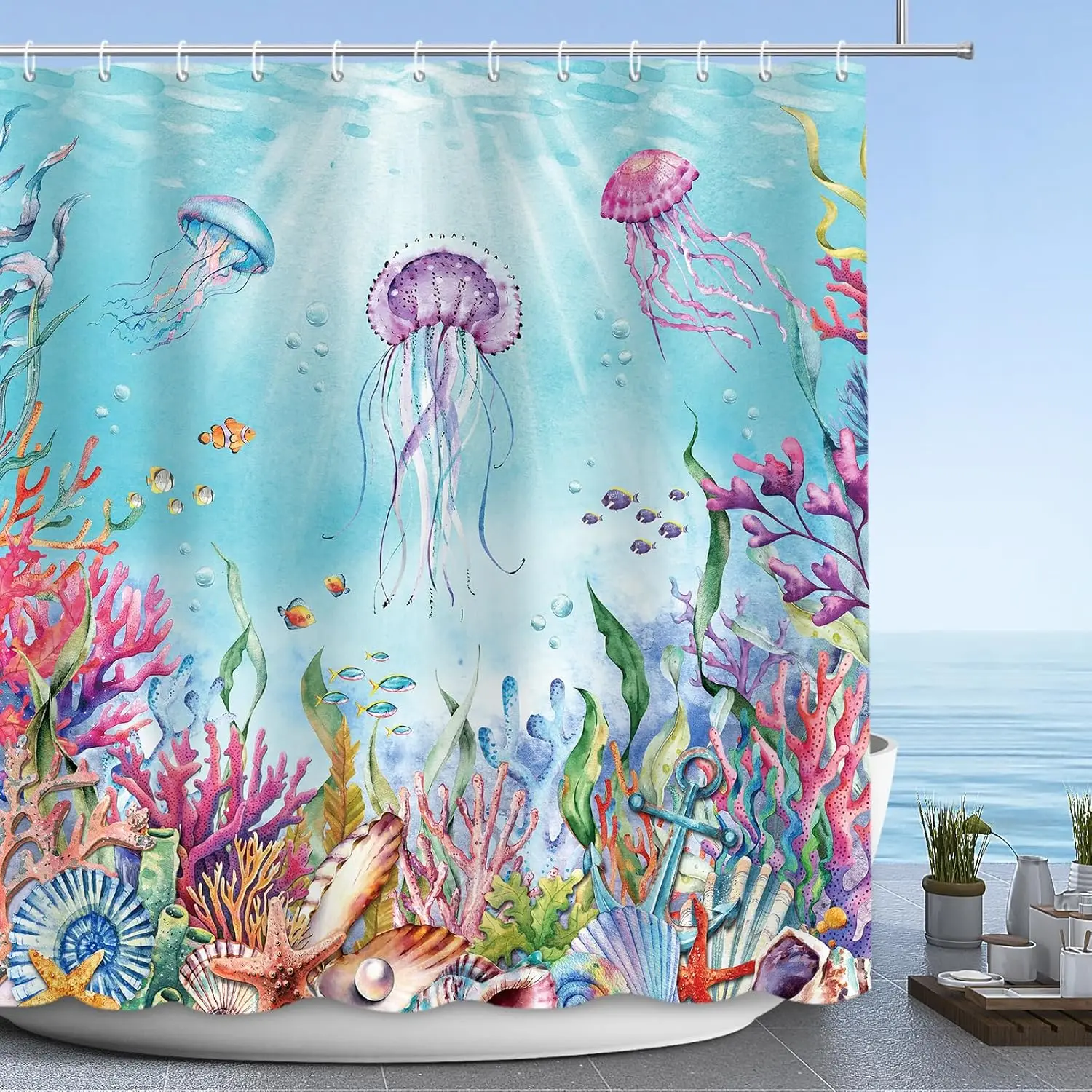 Nautical Coastal Shower Curtain, Ocean Themed Jellyfish Coral Shower Curtain for Bathroom, Tropical Beach Coastal Bathroom
Nautical Coastal Shower Curtain, Ocean Themed Jellyfish Coral Shower Curtain for Bathroom, Tropical Beach Coastal Bathroom