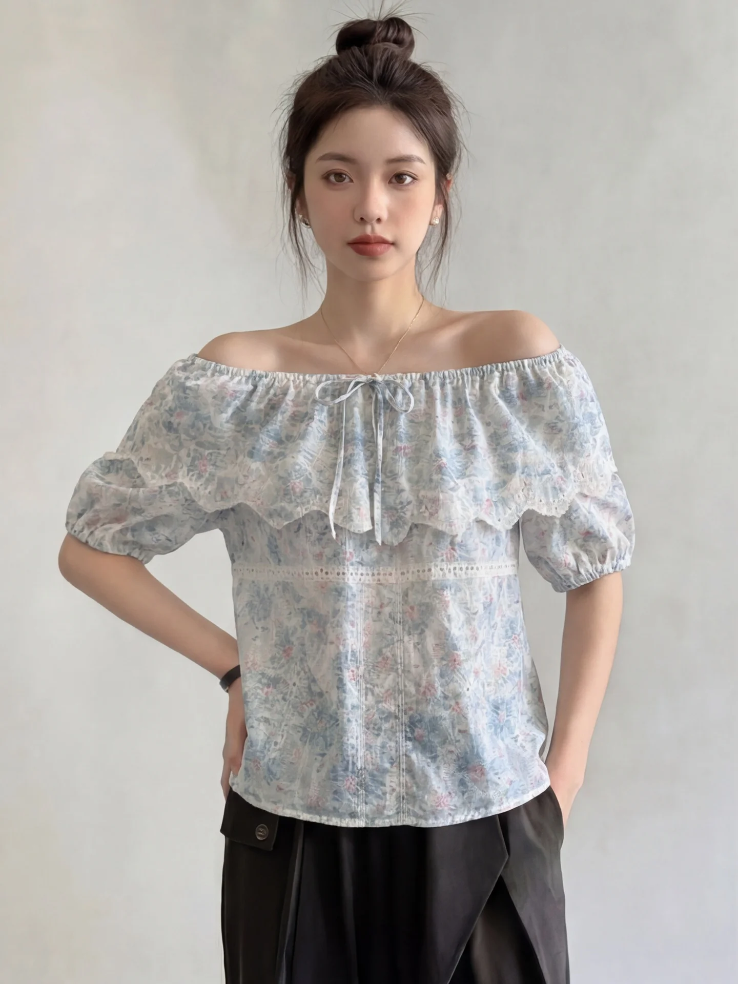 Blue Lace Trim One Shoulder Short Sleeve Floral Embroidery Shirt Women's Summer New Unique Beautiful Tie Waist Top
Blue Lace Trim One Shoulder Short Sleeve Floral Embroidery Shirt Women's Summer New Unique Beautiful Tie Waist Top
