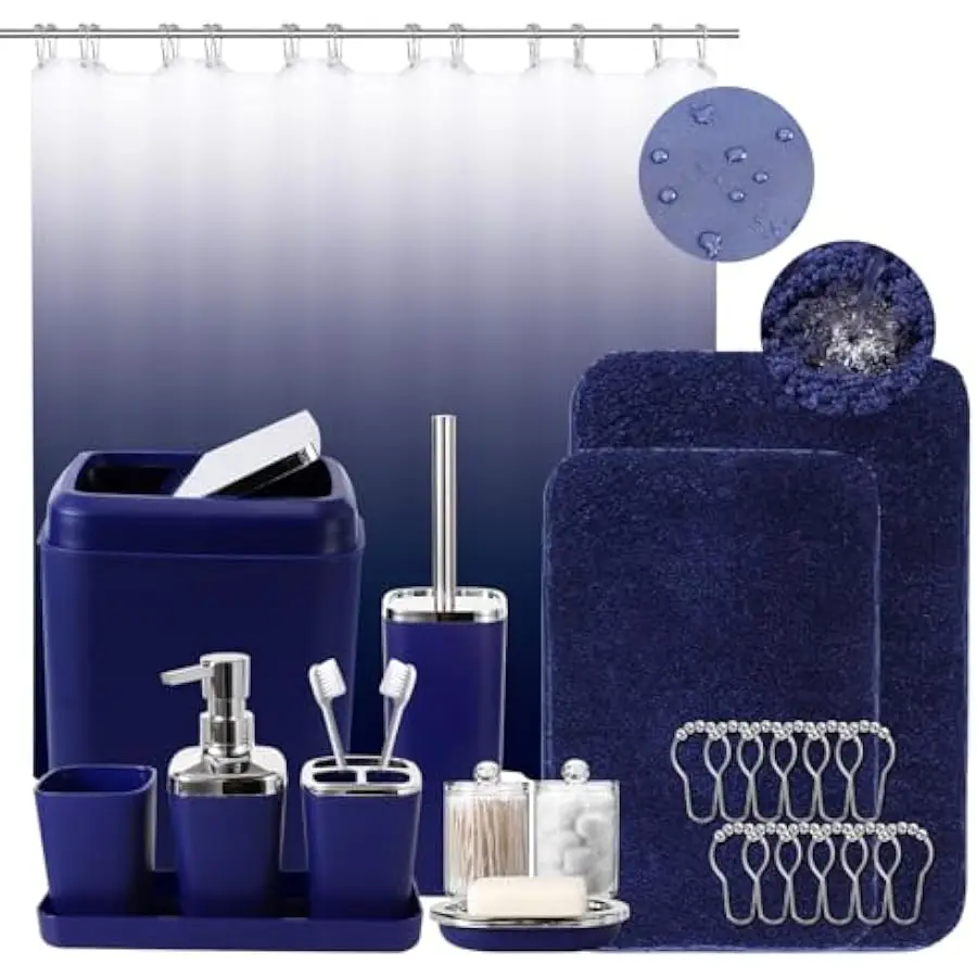 XLHOMO 24PC Navy Blue Bathroom Set with Shower Curtain and Rugs, Blue Bathroom Sets Complete with Trash Can,Soap Dispenser,Soap
XLHOMO 24PC Navy Blue Bathroom Set with Shower Curtain and Rugs, Blue Bathroom Sets Complete with Trash Can,Soap Dispenser,Soap