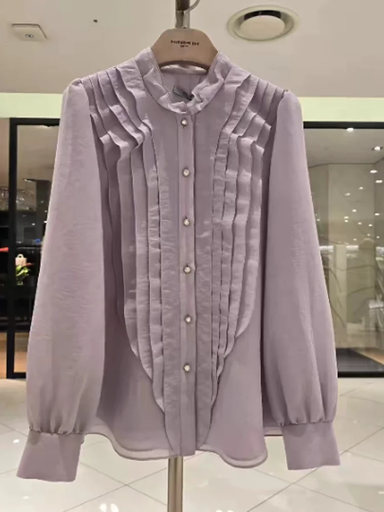 Элегантная плиссированная шифоновая рубашка в корейском стиле с длинными рукавами и воротником-стойкой, свободного кроя, стройнящая, летняя, новинка, женская рубашка
Элегантная плиссированная шифоновая рубашка в корейском стиле с длинными рукавами и воротником-стойкой, свободного кроя, стройнящая, летняя, новинка, женская рубашка