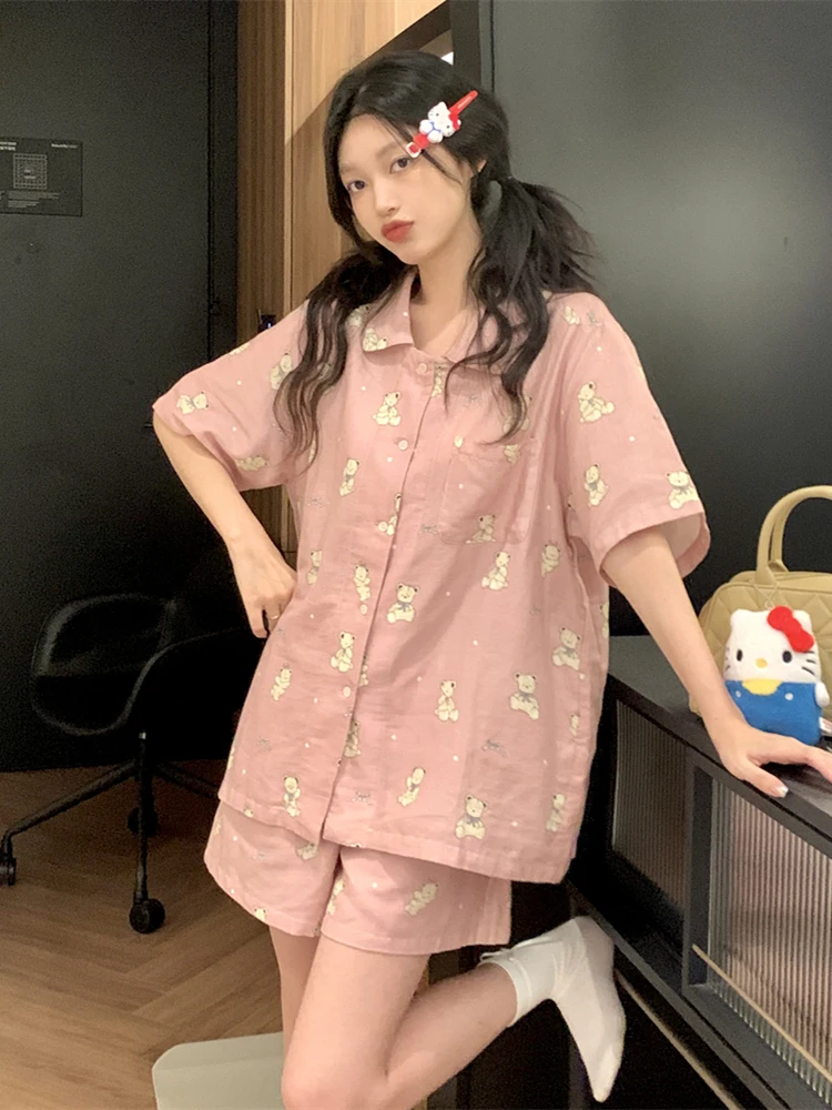Cute Pink Bear Sleepwear Set Women's Summer Sweet Home Clothes Short Sleeve Student Pyjamas Cartoon Style Polyester Fabric
Cute Pink Bear Sleepwear Set Women's Summer Sweet Home Clothes Short Sleeve Student Pyjamas Cartoon Style Polyester Fabric