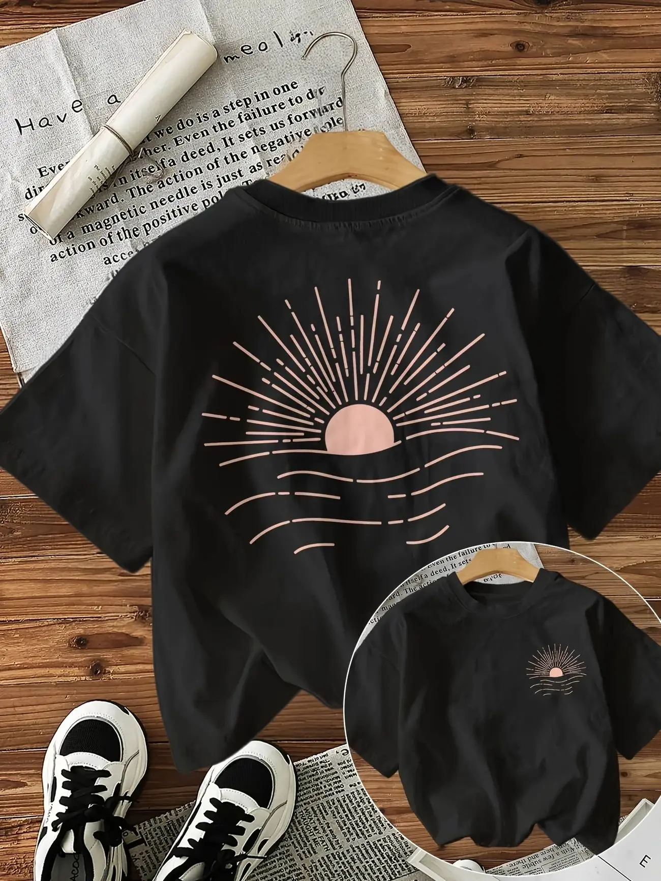 Plus - Size Minimalist Graphic Tee, Black Short - Sleeve with Sunrise Print
Plus - Size Minimalist Graphic Tee, Black Short - Sleeve with Sunrise Print
