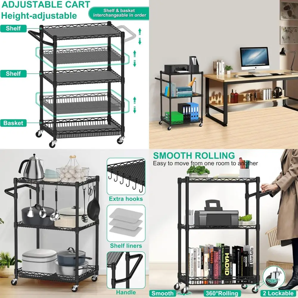 Heavy-Duty 3-Tier Metal Utility Cart with Wire Shelves, 6 Hooks, and 3 Liner Bins, 18x23.8x37, Black
Heavy-Duty 3-Tier Metal Utility Cart with Wire Shelves, 6 Hooks, and 3 Liner Bins, 18x23.8x37, Black