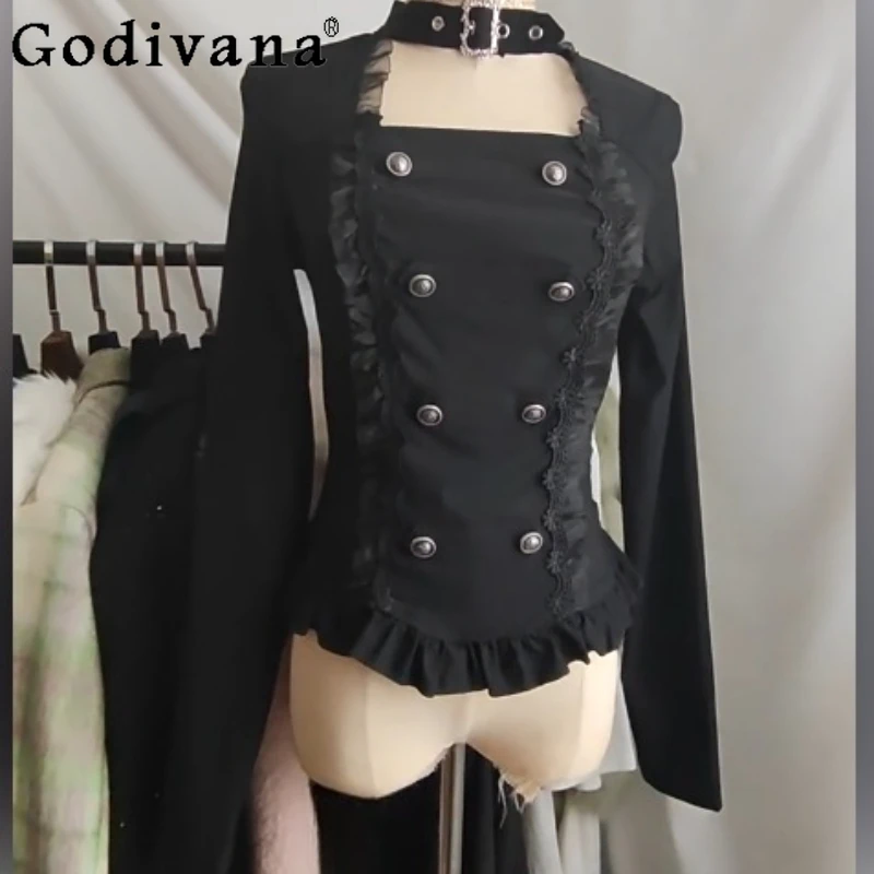 Spring Personality Gothic Dark Women Black Long Sleeve Lolita Top Fashion Temperament Square Neck Street Ruffles Fashion T-Shirt
Spring Personality Gothic Dark Women Black Long Sleeve Lolita Top Fashion Temperament Square Neck Street Ruffles Fashion T-Shirt