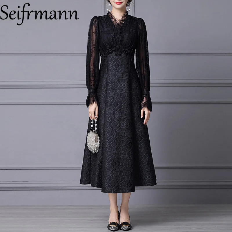 Seifrmann Solid Flare Sleeve Slim Maxi Dress For Women Stand collar Lace Elegant Long Dress Club Party Clothes Autumn 2025 New
Seifrmann Solid Flare Sleeve Slim Maxi Dress For Women Stand collar Lace Elegant Long Dress Club Party Clothes Autumn 2025 New