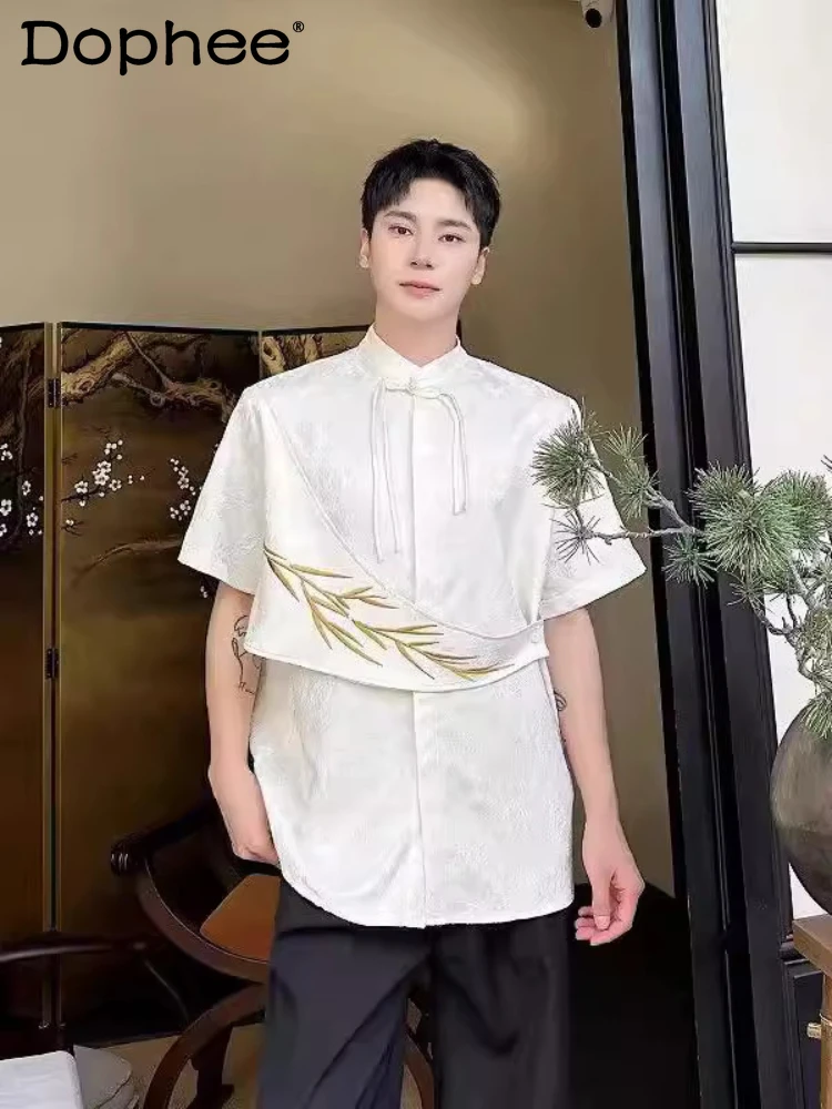 Fashion Male Embroidery Faux Two-piece Design Stand Collar Buckle Short-sleeve Shirts Men's 2025 Spring Summer New High-end Tops
Fashion Male Embroidery Faux Two-piece Design Stand Collar Buckle Short-sleeve Shirts Men's 2025 Spring Summer New High-end Tops
