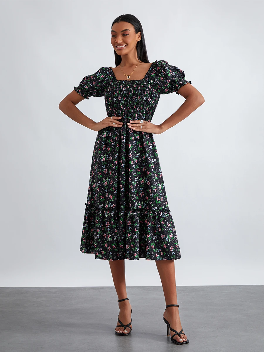 Women Summer Midi Dress Floral Print Square Neck Short Puff Sleeve A-line Dress Ruched Backless Casual Bohemian Dress
Women Summer Midi Dress Floral Print Square Neck Short Puff Sleeve A-line Dress Ruched Backless Casual Bohemian Dress