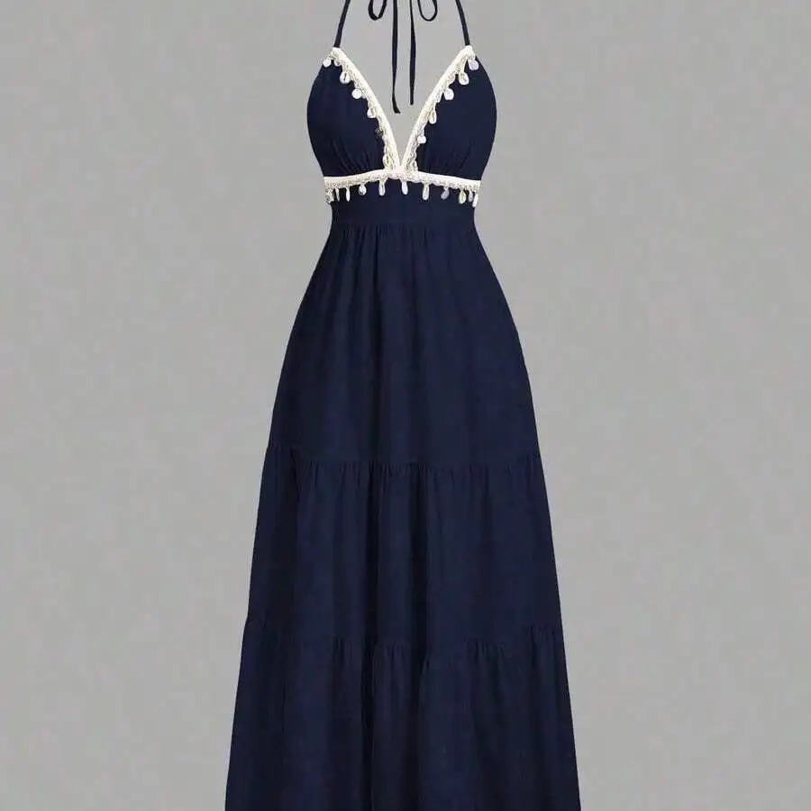 Womens Halter Neck Tiered Maxi Dress With Shell Trim
Womens Halter Neck Tiered Maxi Dress With Shell Trim