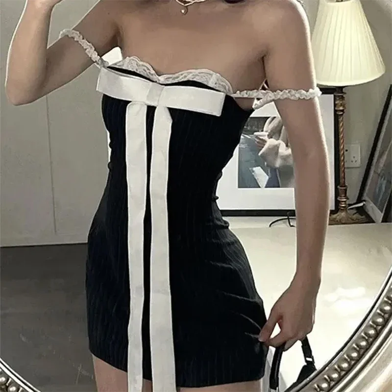 Off Shoulder Stripe Dress Women Lace Bow Patchwork Vintage Elegant Slim Backless Sexy Mini Dress Evening Party Club vestidos
Off Shoulder Stripe Dress Women Lace Bow Patchwork Vintage Elegant Slim Backless Sexy Mini Dress Evening Party Club vestidos