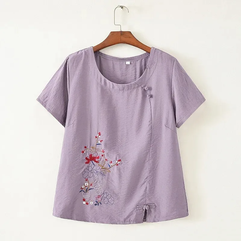 Women's Casual Cotton Linen Blouse Chinese Style Floral Embroidery Short Sleeve Round Neck Frog Button Loose Top
Women's Casual Cotton Linen Blouse Chinese Style Floral Embroidery Short Sleeve Round Neck Frog Button Loose Top