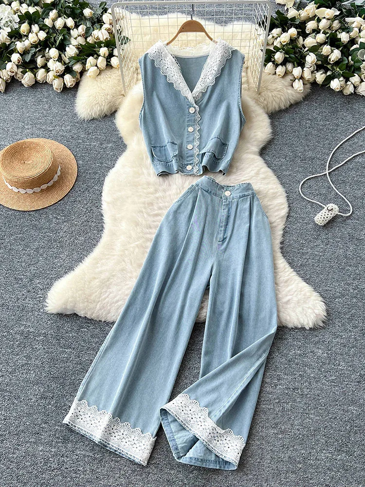 Women's Lace Patchwork Denim Suit Chic Single Breasted Sleeveless Hooded Vest High Waisted Loose Wide Leg Pants Two-piece Set
Women's Lace Patchwork Denim Suit Chic Single Breasted Sleeveless Hooded Vest High Waisted Loose Wide Leg Pants Two-piece Set