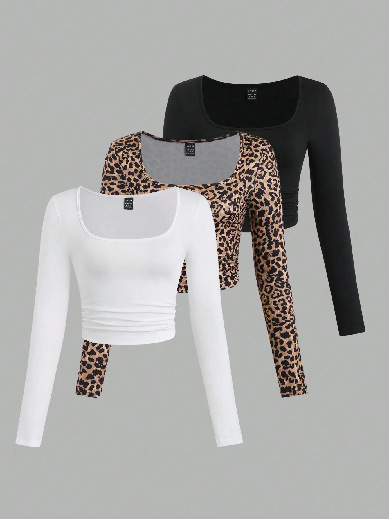 Women's Square Neck Long Sleeve Cropped Top with Leopard Print - 3 Pack
Women's Square Neck Long Sleeve Cropped Top with Leopard Print - 3 Pack