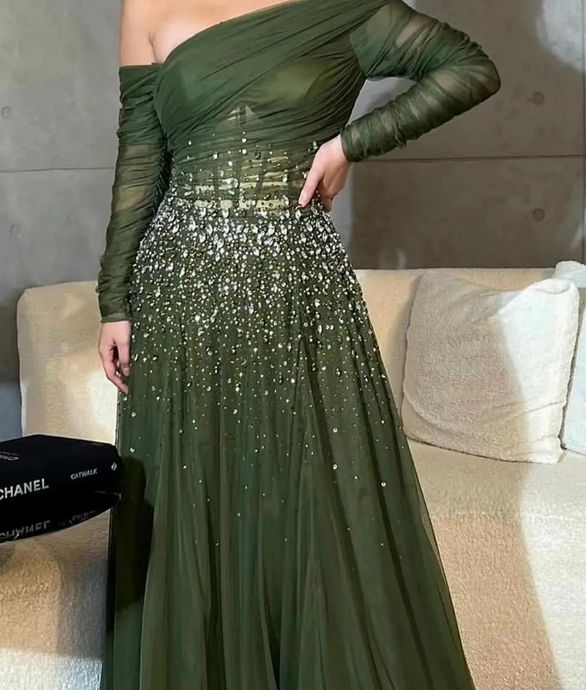 MCDV Customized Exquisite Tulle A-Line Off the Shoulder Crystal Evening Dress Delicate Boat Neck Long Sleeves Celebrity Gowns
MCDV Customized Exquisite Tulle A-Line Off the Shoulder Crystal Evening Dress Delicate Boat Neck Long Sleeves Celebrity Gowns