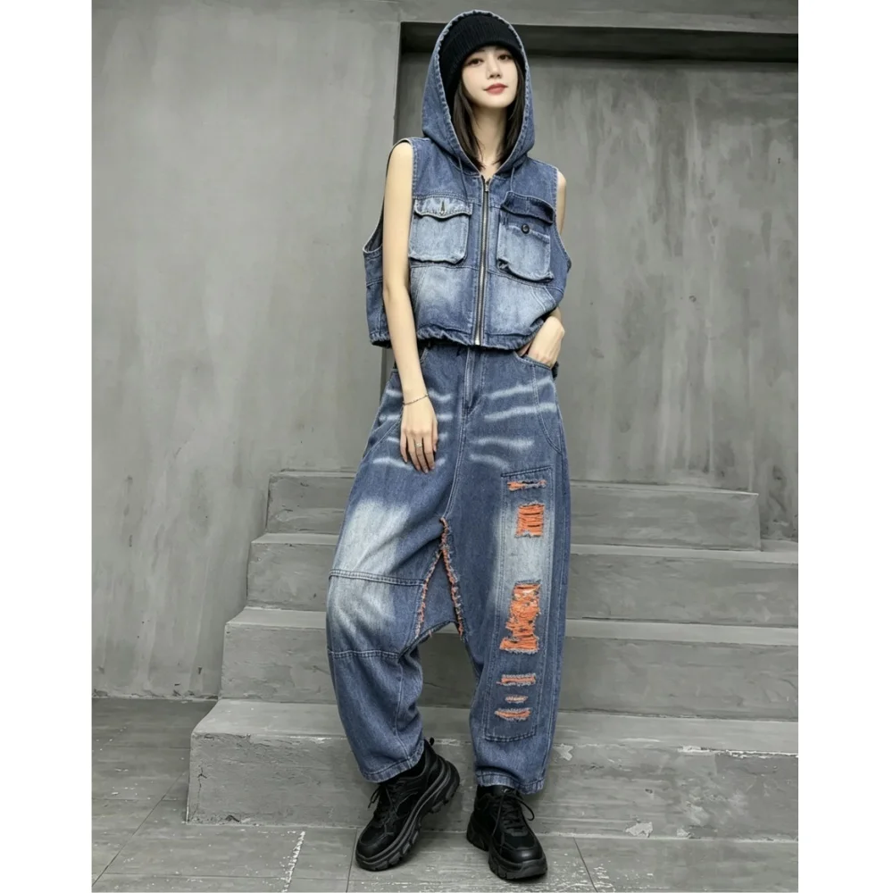 Trendy Cool Vintage Multi-pocket Hooded Short Vest + Ripped Baggy Pants Two-piece Set Women Loose Suit Summer XY156
Trendy Cool Vintage Multi-pocket Hooded Short Vest + Ripped Baggy Pants Two-piece Set Women Loose Suit Summer XY156