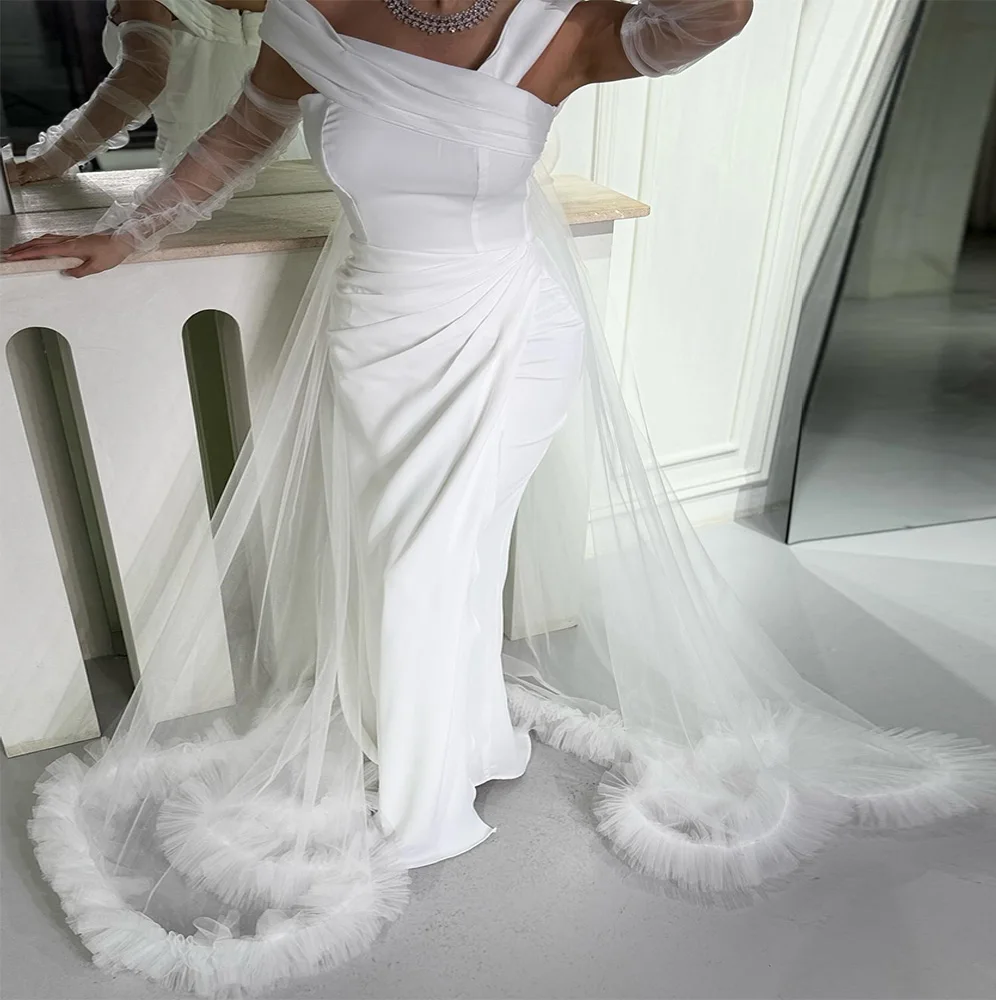 Mermaid Off the Shoulder One Shoulder Satin Detachable Sleeves Elegant and Formal Prom Gowns Pleats Panel Train Zipper Back
Mermaid Off the Shoulder One Shoulder Satin Detachable Sleeves Elegant and Formal Prom Gowns Pleats Panel Train Zipper Back