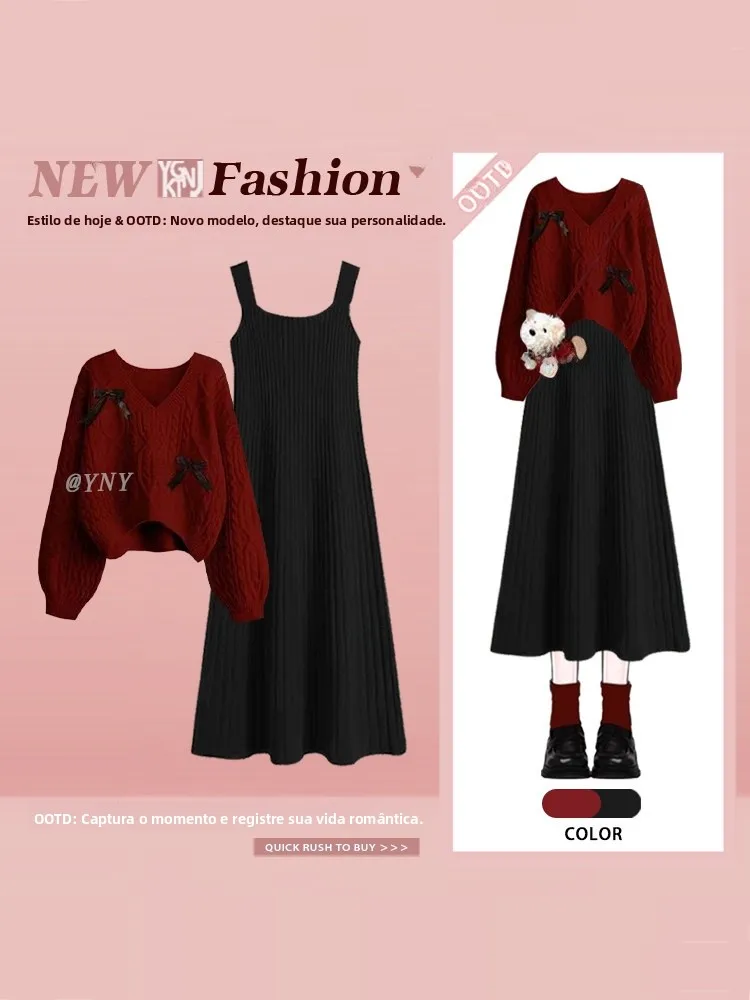 Elegant Red Knitted Sweater And Dress Set Women's Fashion Winter Outfit Elegant Style Knot Mid-Length Skirt
Elegant Red Knitted Sweater And Dress Set Women's Fashion Winter Outfit Elegant Style Knot Mid-Length Skirt