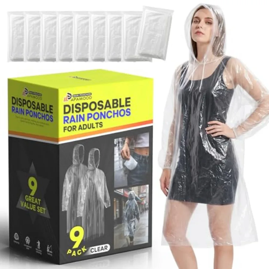 Disposable Rain Ponchos, 6PK/9PK Family Pack for Adults, Emergency Raincoat with Drawstring Hood for Travel Camping
Disposable Rain Ponchos, 6PK/9PK Family Pack for Adults, Emergency Raincoat with Drawstring Hood for Travel Camping