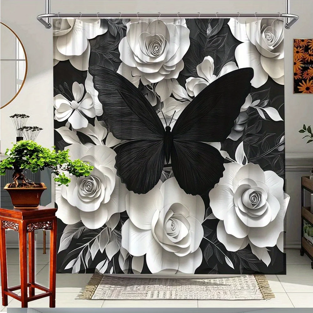 1pc Butterfly & White Rose Bathroom Shower Curtain - Elegant Floral & Butterfly Design on Black Background, Durable Polyester
1pc Butterfly & White Rose Bathroom Shower Curtain - Elegant Floral & Butterfly Design on Black Background, Durable Polyester