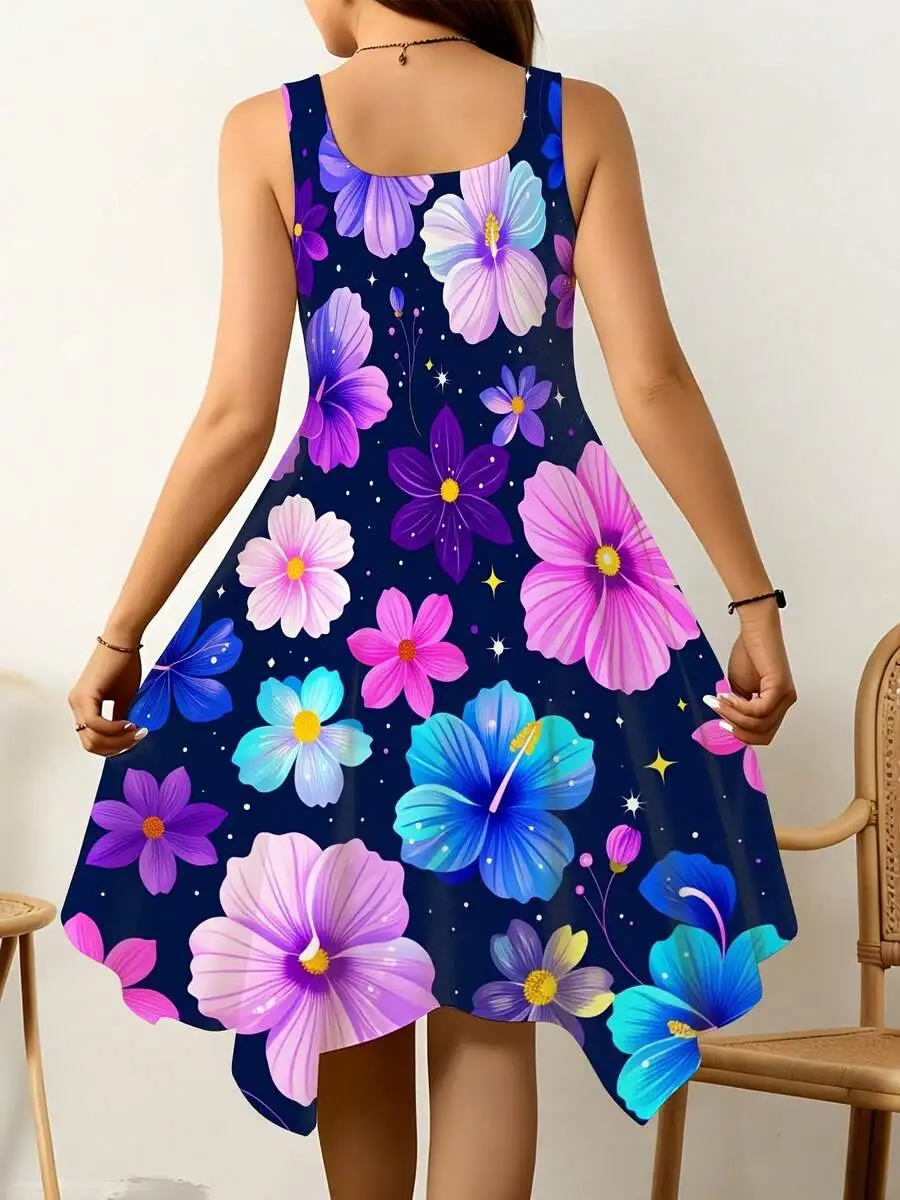 Sleeveless Floral Print Dress With Stars And Colorful Flowers Irregular Hem Casual Beach Wear
Sleeveless Floral Print Dress With Stars And Colorful Flowers Irregular Hem Casual Beach Wear
