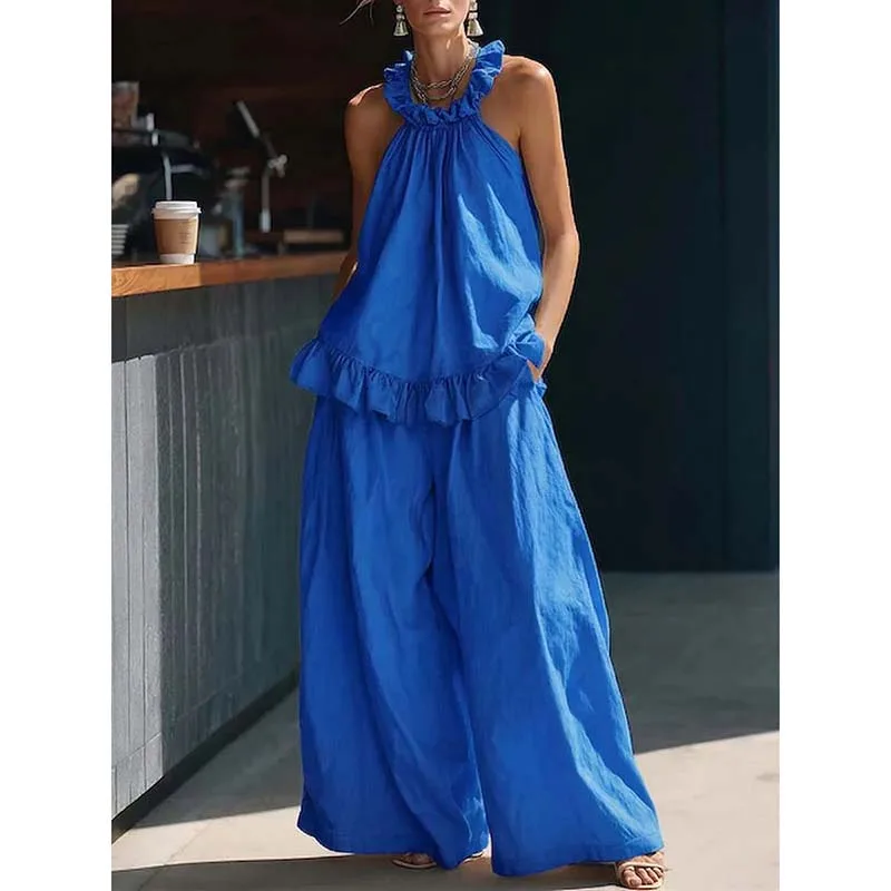 Halter Ruffle 2 Piece Outfit Women Sleeveless Loose Top High Waist Wide Leg Pants Casual Vacation Matching Sets Streetwear
Halter Ruffle 2 Piece Outfit Women Sleeveless Loose Top High Waist Wide Leg Pants Casual Vacation Matching Sets Streetwear